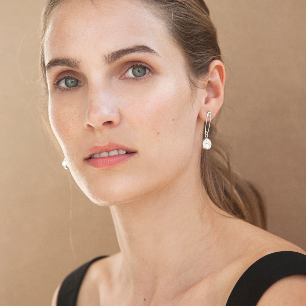 Safety Pin Earring with Pink Crystal Drop